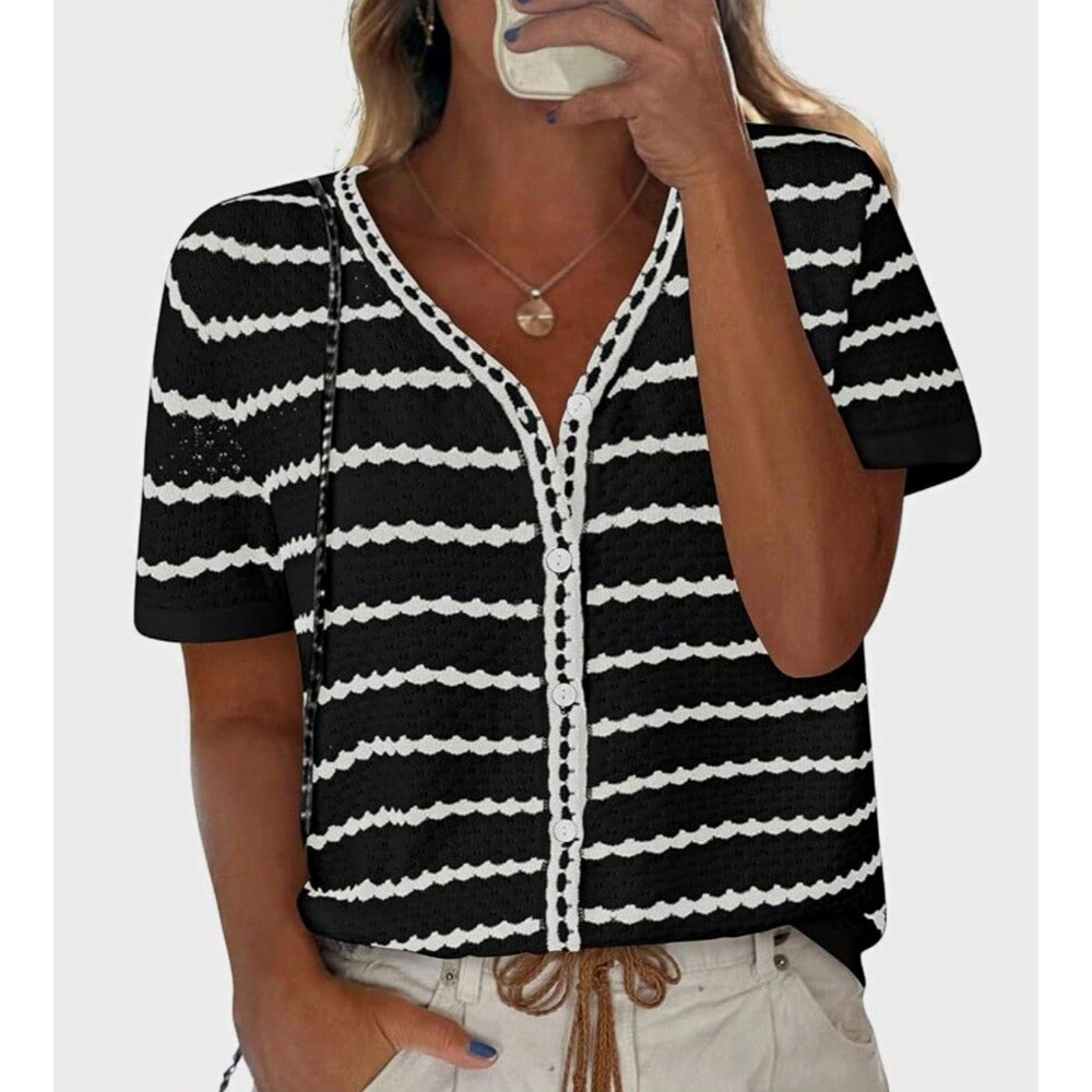 Fashion Women's Black White Striped Knit Cardigan Sweater V-Neck Short Sleeve L
